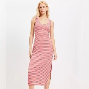 Loft Stripe Perfect Ribbed Tank Midi Dress Sz Medium Petite Red & White